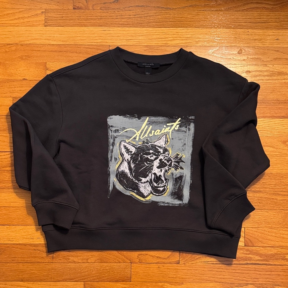 All Saints Black Crewneck Sweatshirt with Panther Graphic and Yellow Accents